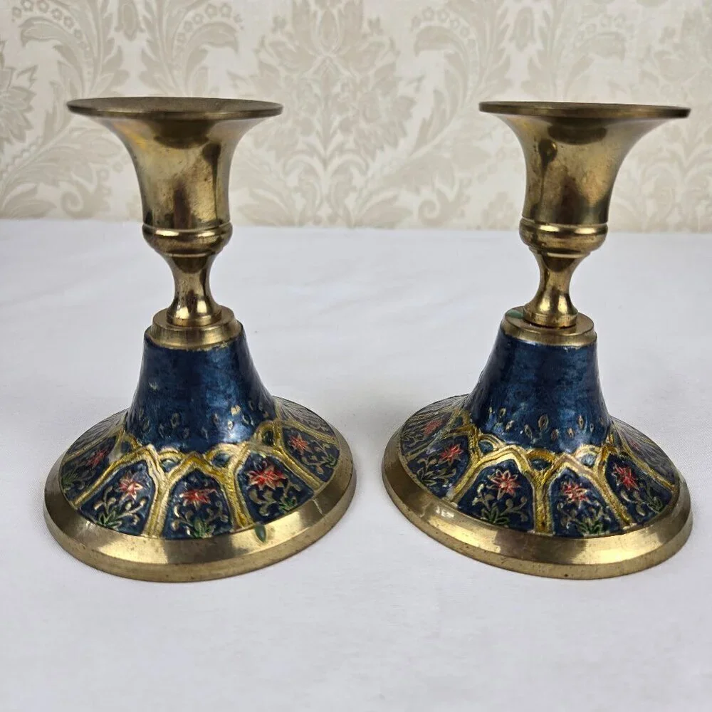 Vintage Persian Enamel on Brass Candlestick Holders Set of 2 Floral Blue Gold